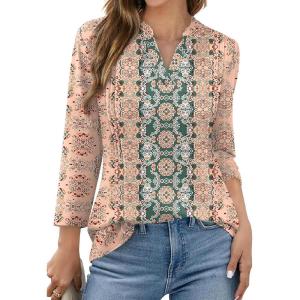 image:imageWIHOLL Womens Tops 34 Length Sleeve V Neck Shirts Dressy Casual Pleated Blouses Fall Vacation Fashion Trendy Clothes1floral Pink