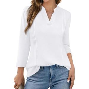 image:imageWIHOLL Womens Tops 34 Length Sleeve V Neck Shirts Dressy Casual Pleated Blouses Fall Vacation Fashion Trendy Clothes1white