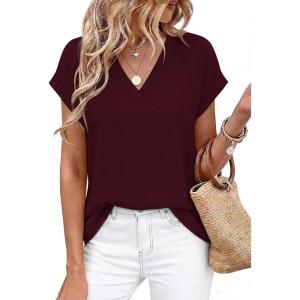 image:imageWIHOLL Womens Tops Dressy Casual Rolled Short Sleeve V Neck T Shirts Summer Business Work Blouses Crepe Texture OutfitsAburgundy