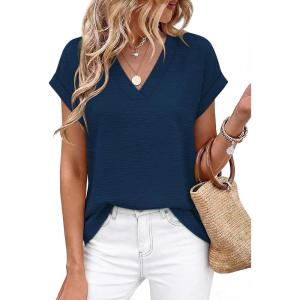 image:imageWIHOLL Womens Tops Dressy Casual Rolled Short Sleeve V Neck T Shirts Summer Business Work Blouses Crepe Texture OutfitsBnavy Blue