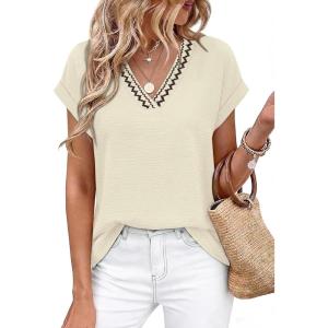 image:imageWIHOLL Womens Tops Dressy Casual Rolled Short Sleeve V Neck T Shirts Summer Business Work Blouses Crepe Texture OutfitsPapricotripple Stripd