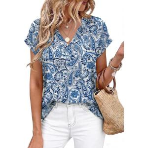 image:imageWIHOLL Womens Tops Dressy Casual Rolled Short Sleeve V Neck T Shirts Summer Business Work Blouses Crepe Texture OutfitsPblue Ethnic Flower