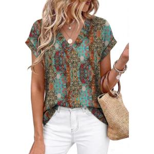 image:imageWIHOLL Womens Tops Dressy Casual Rolled Short Sleeve V Neck T Shirts Summer Business Work Blouses Crepe Texture OutfitsPbohemia Print