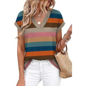 image:imageWIHOLL Womens Tops Dressy Casual Rolled Short Sleeve V Neck T Shirts Summer Business Work Blouses Crepe Texture OutfitsPcolorful Striped