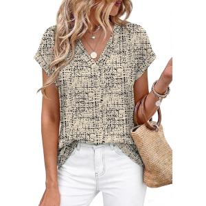image:imageWIHOLL Womens Tops Dressy Casual Rolled Short Sleeve V Neck T Shirts Summer Business Work Blouses Crepe Texture OutfitsPhoundstooth