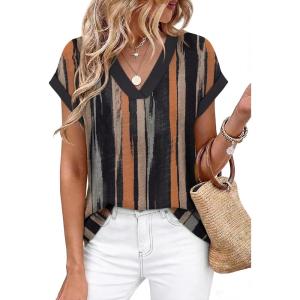 image:imageWIHOLL Womens Tops Dressy Casual Rolled Short Sleeve V Neck T Shirts Summer Business Work Blouses Crepe Texture OutfitsPpink Vertical Striped