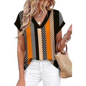 image:imageWIHOLL Womens Tops Dressy Casual Rolled Short Sleeve V Neck T Shirts Summer Business Work Blouses Crepe Texture OutfitsPstriped Polka Dot