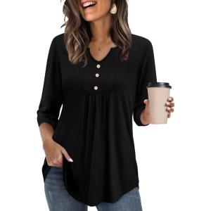 image:imageWIHOLL Womens Tops Fall Fashion Must Have 34 Length Sleeve Shirts Business Casual Outfits Basic Tees0black