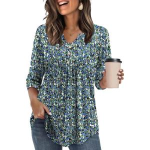 image:imageWIHOLL Womens Tops Fall Fashion Must Have 34 Length Sleeve Shirts Business Casual Outfits Basic Tees3blue Floral