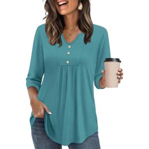 image:imageWIHOLL Womens Tops Fall Fashion Must Have 34 Length Sleeve Shirts Business Casual Outfits Basic TeesTurquoise