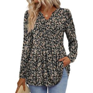 image:imageWIHOLL Womens Tops Long Sleeve Fall Shirts Babydoll Peplum Tops for Women V Neck Tunic Dressy Casual BlousesBlack Floral