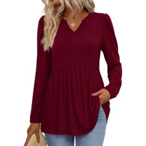 image:imageWIHOLL Womens Tops Long Sleeve Fall Shirts Babydoll Peplum Tops for Women V Neck Tunic Dressy Casual BlousesBurgundy