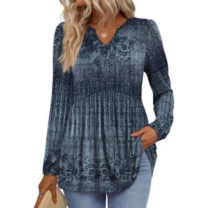image:imageWIHOLL Womens Tops Long Sleeve Fall Shirts Babydoll Peplum Tops for Women V Neck Tunic Dressy Casual BlousesEthnic Blue
