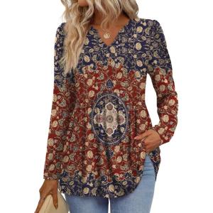 image:imageWIHOLL Womens Tops Long Sleeve Fall Shirts Babydoll Peplum Tops for Women V Neck Tunic Dressy Casual BlousesEthnic Red