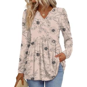 image:imageWIHOLL Womens Tops Long Sleeve Fall Shirts Babydoll Peplum Tops for Women V Neck Tunic Dressy Casual BlousesFloral Beige