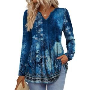 image:imageWIHOLL Womens Tops Long Sleeve Fall Shirts Babydoll Peplum Tops for Women V Neck Tunic Dressy Casual BlousesFloral Blue