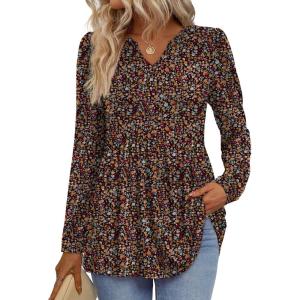 image:imageWIHOLL Womens Tops Long Sleeve Fall Shirts Babydoll Peplum Tops for Women V Neck Tunic Dressy Casual BlousesLittle Flowers