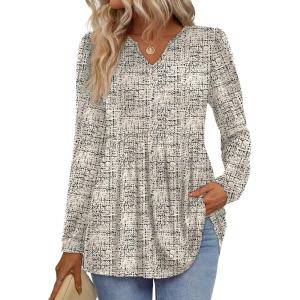 image:imageWIHOLL Womens Tops Long Sleeve Fall Shirts Babydoll Peplum Tops for Women V Neck Tunic Dressy Casual BlousesPatterned Beige