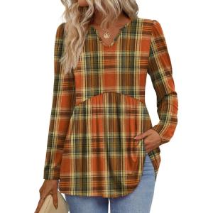 image:imageWIHOLL Womens Tops Long Sleeve Fall Shirts Babydoll Peplum Tops for Women V Neck Tunic Dressy Casual BlousesPlaid Caramel