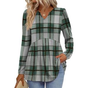 image:imageWIHOLL Womens Tops Long Sleeve Fall Shirts Babydoll Peplum Tops for Women V Neck Tunic Dressy Casual BlousesPlaid Green