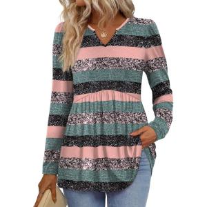 image:imageWIHOLL Womens Tops Long Sleeve Fall Shirts Babydoll Peplum Tops for Women V Neck Tunic Dressy Casual BlousesStriped Pink
