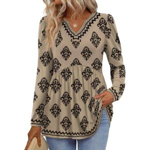 image:imageWIHOLL Womens Tops Long Sleeve Fall Shirts Babydoll Peplum Tops for Women V Neck Tunic Dressy Casual BlousesWestern Print
