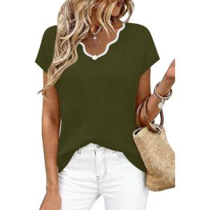 image:imageWIHOLL Womens Tops Summer Short Sleeve Sweater V Neck Shirts Beach Vacation Clothes Business Casual Fashion ClothingArmy Green