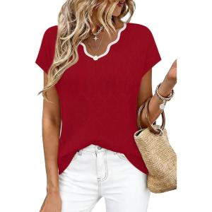 image:imageWIHOLL Womens Tops Summer Short Sleeve Sweater V Neck Shirts Beach Vacation Clothes Business Casual Fashion ClothingRed
