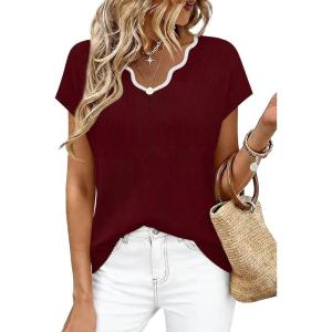 image:imageWIHOLL Womens Tops Summer Short Sleeve Sweater V Neck Shirts Beach Vacation Clothes Business Casual Fashion ClothingRed Wine