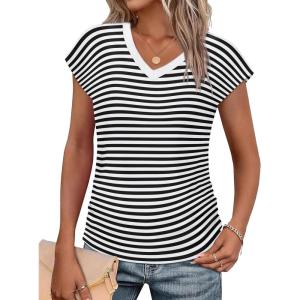 image:imageWIHOLL Womens V Neck Ruched Cap Sleeve T ShirtBlack Stripe