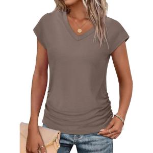 image:imageWIHOLL Womens V Neck Ruched Cap Sleeve T ShirtCoffee