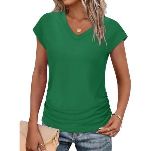 image:imageWIHOLL Womens V Neck Ruched Cap Sleeve T ShirtGreen
