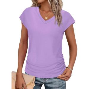image:imageWIHOLL Womens V Neck Ruched Cap Sleeve T ShirtPurple