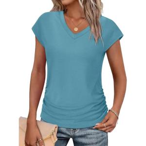 image:imageWIHOLL Womens V Neck Ruched Cap Sleeve T ShirtTurquoise
