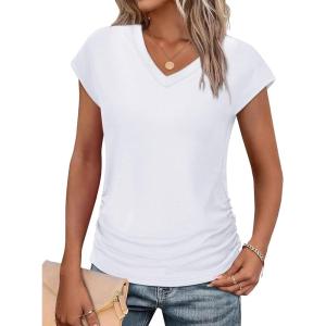 image:imageWIHOLL Womens V Neck Ruched Cap Sleeve T ShirtWhite