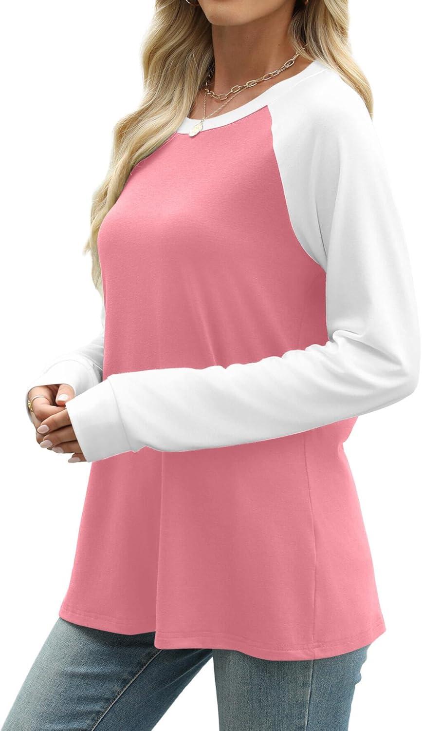 image:imageWIHOLL Long Sleeve Shirts for Women Color Block Raglan Tops Casual Crewneck Basic Tees Fall Clothes 2026 Fashion05  Coral Pink