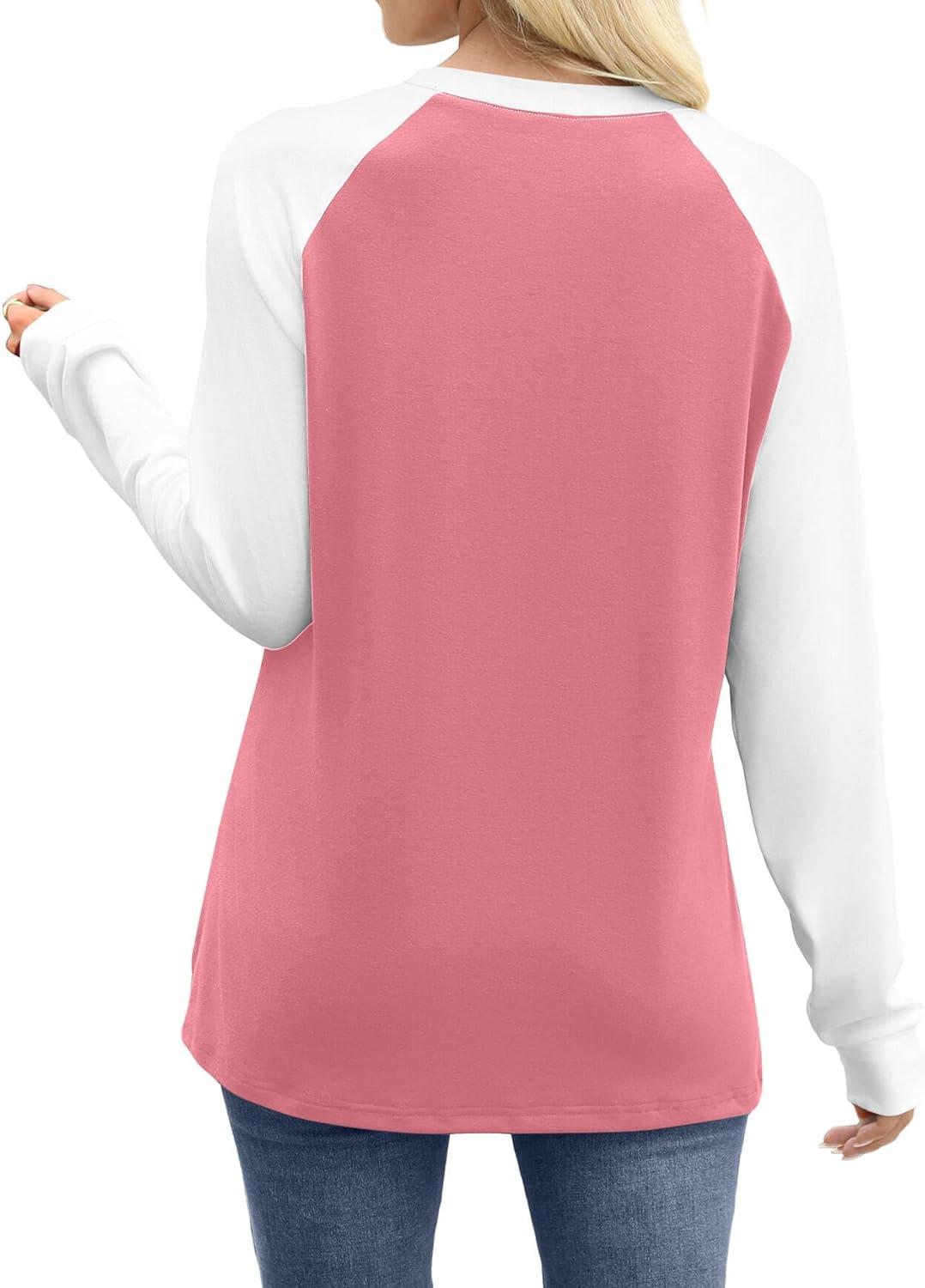 image:imageWIHOLL Long Sleeve Shirts for Women Color Block Raglan Tops Casual Crewneck Basic Tees Fall Clothes 2026 Fashion05  Coral Pink