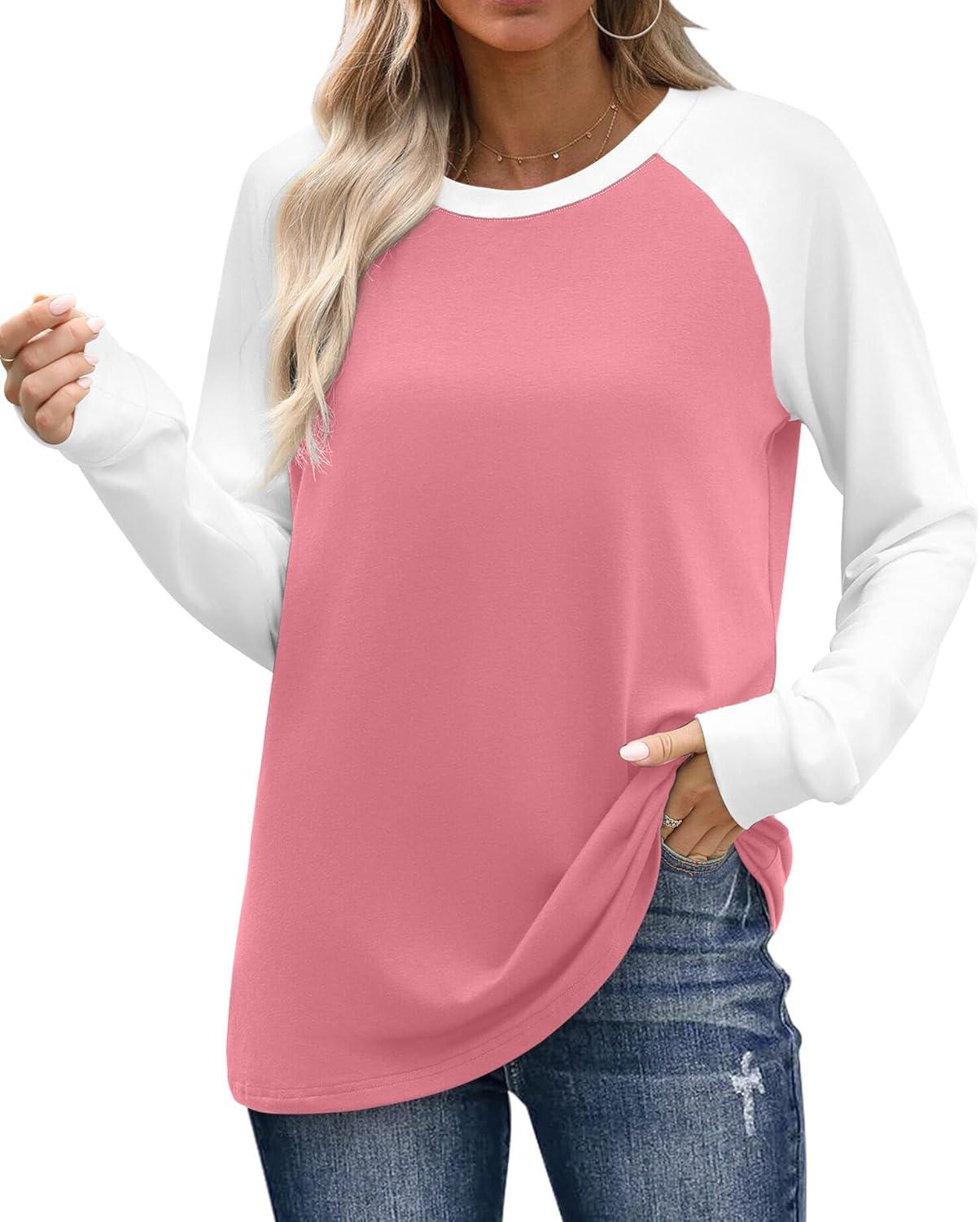image:imageWIHOLL Long Sleeve Shirts for Women Color Block Raglan Tops Casual Crewneck Basic Tees Fall Clothes 2026 Fashion05  Coral Pink