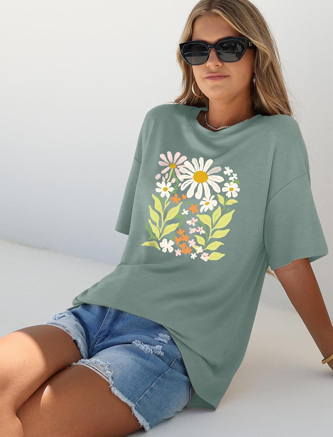 image:imageWIHOLL Oversized Tshirts for Women Summer Crew Neck Short Sleeve Graphic Tees Casual Loose Fit Workout Tops 2026Colorful Flower Print