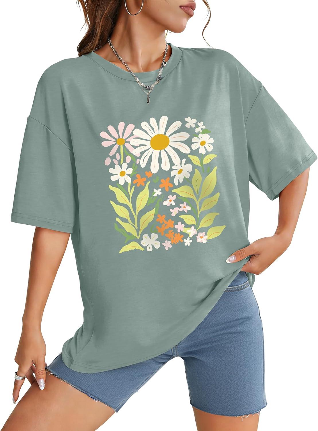 image:imageWIHOLL Oversized Tshirts for Women Summer Crew Neck Short Sleeve Graphic Tees Casual Loose Fit Workout Tops 2026Colorful Flower Print