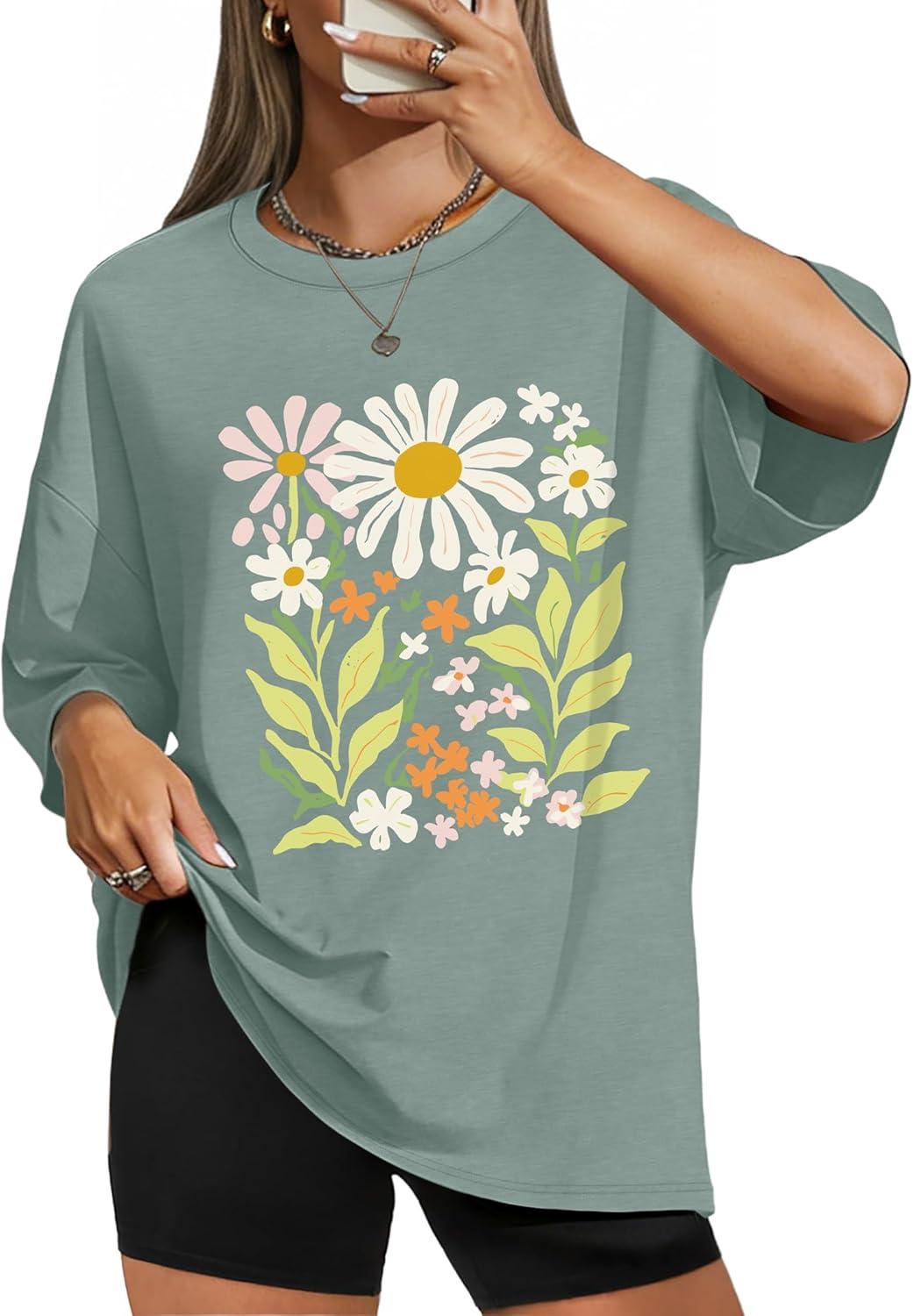 image:imageWIHOLL Oversized Tshirts for Women Summer Crew Neck Short Sleeve Graphic Tees Casual Loose Fit Workout Tops 2026Colorful Flower Print