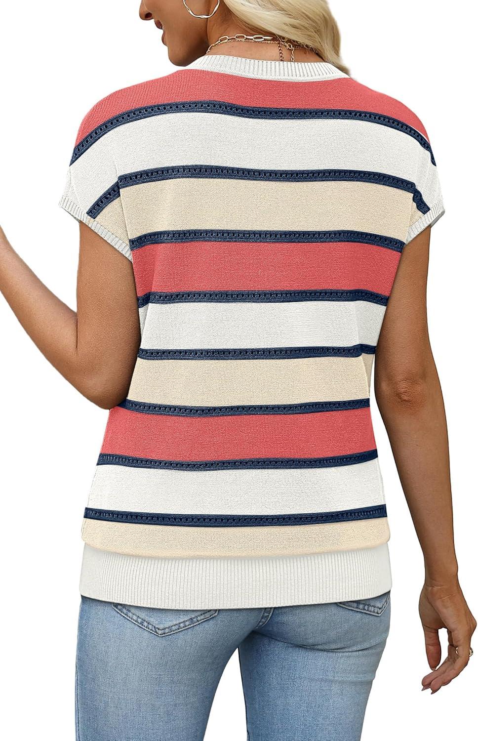 image:imageWIHOLL Short Sleeve Sweater for Women V Neck Trendy Summer Tops 2026 Spring Fashion Clothing Business Casual OutfitsZ  Multicolored Block