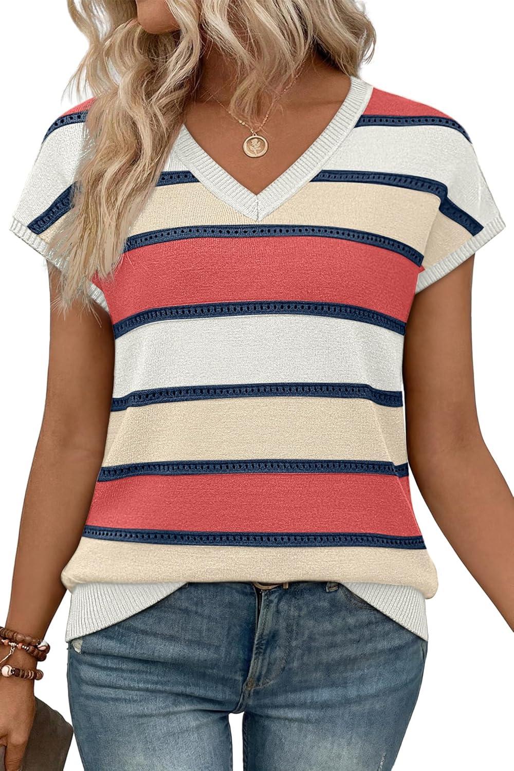 image:imageWIHOLL Short Sleeve Sweater for Women V Neck Trendy Summer Tops 2026 Spring Fashion Clothing Business Casual OutfitsZ  Multicolored Block