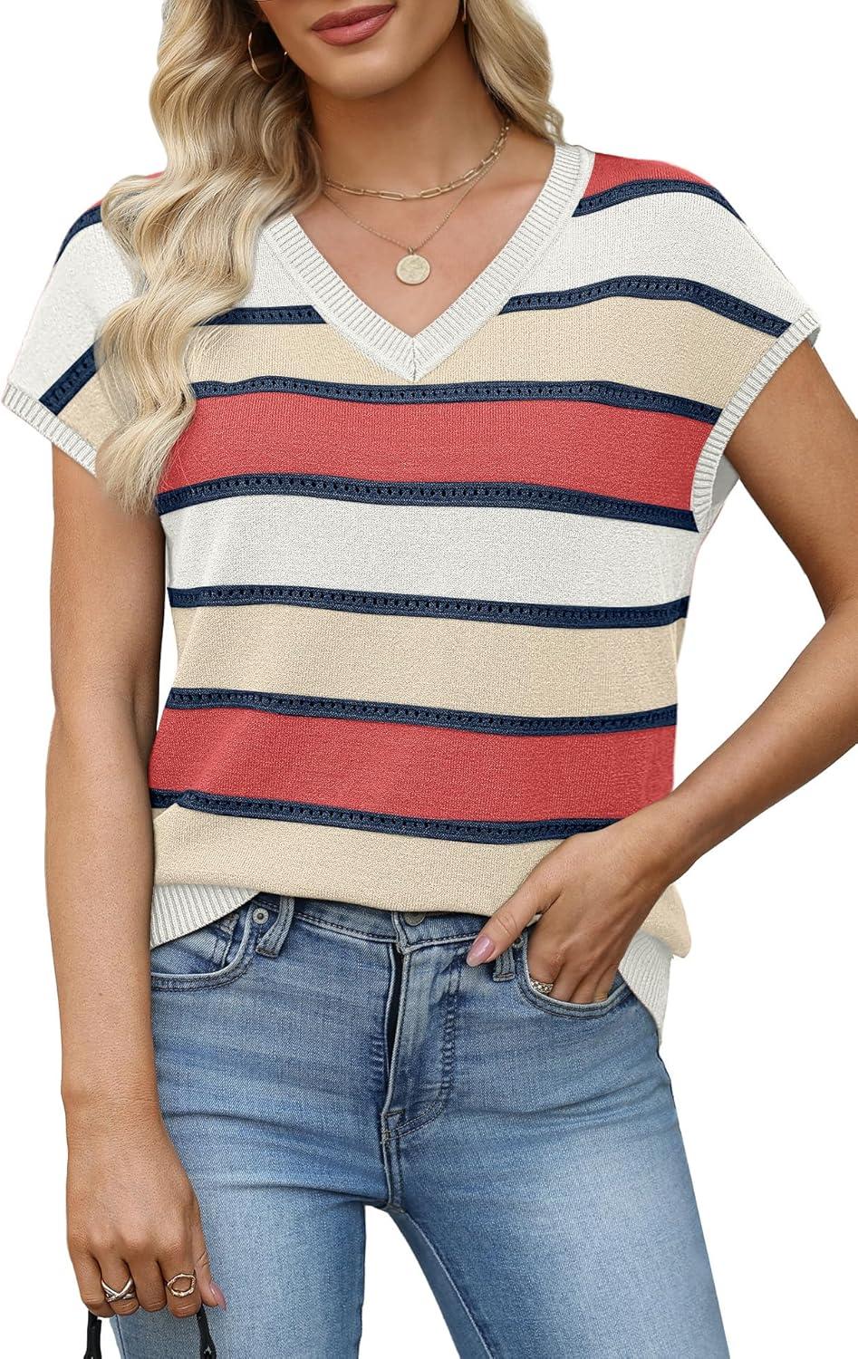 image:imageWIHOLL Short Sleeve Sweater for Women V Neck Trendy Summer Tops 2026 Spring Fashion Clothing Business Casual OutfitsZ  Multicolored Block