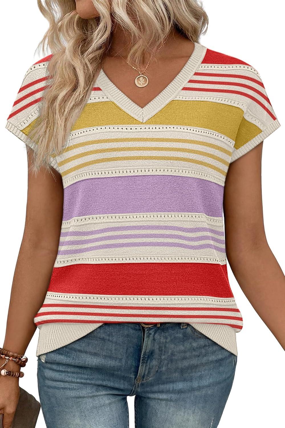 image:imageWIHOLL Short Sleeve Sweater for Women V Neck Trendy Summer Tops 2026 Spring Fashion Clothing Business Casual OutfitsZ  Multicolored Stripes