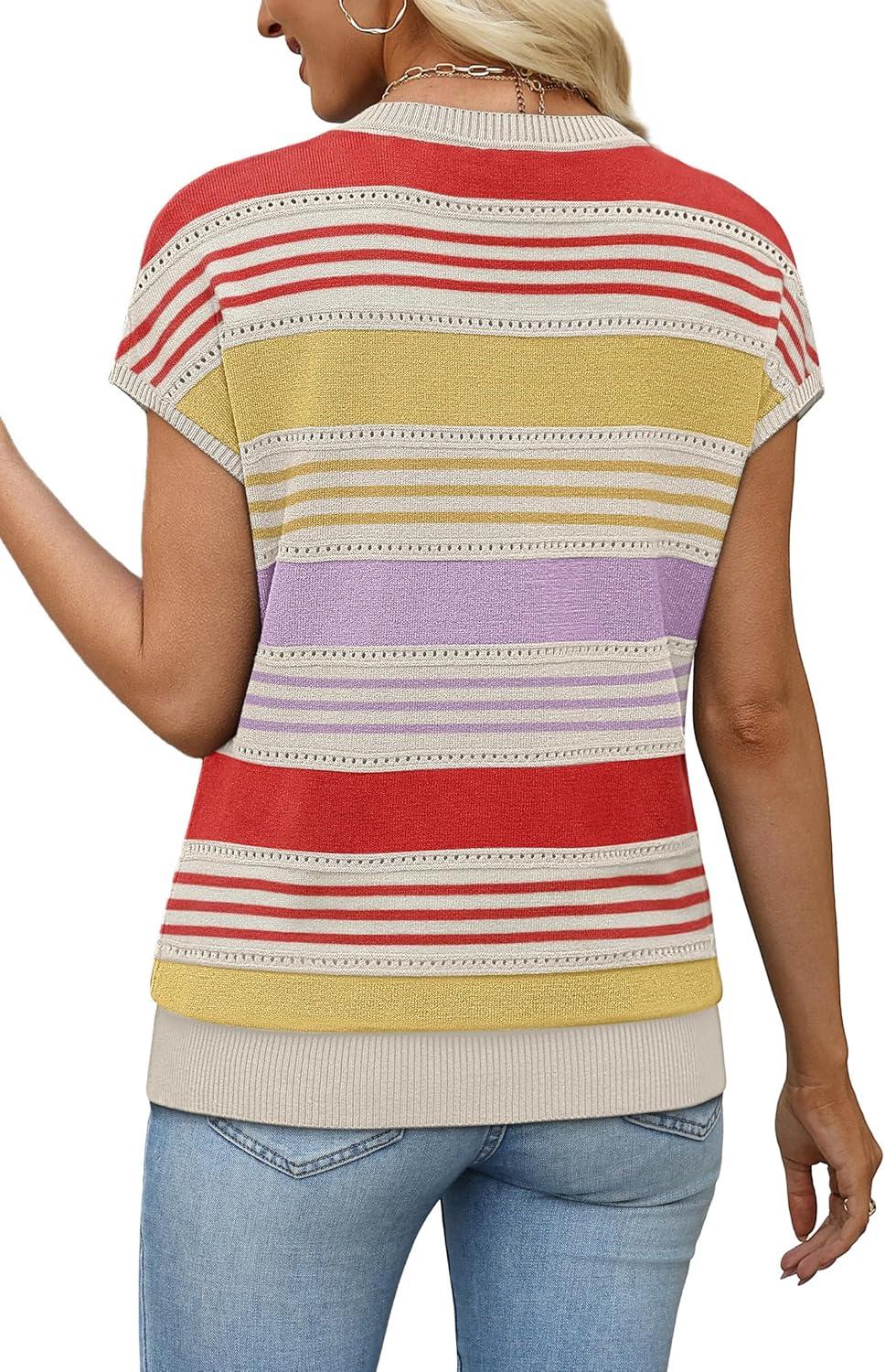 image:imageWIHOLL Short Sleeve Sweater for Women V Neck Trendy Summer Tops 2026 Spring Fashion Clothing Business Casual OutfitsZ  Multicolored Stripes