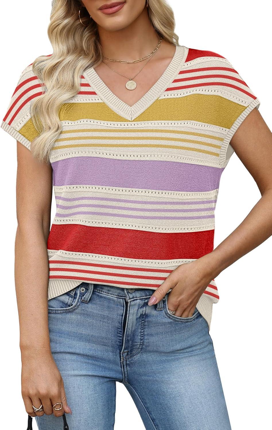 image:imageWIHOLL Short Sleeve Sweater for Women V Neck Trendy Summer Tops 2026 Spring Fashion Clothing Business Casual OutfitsZ  Multicolored Stripes