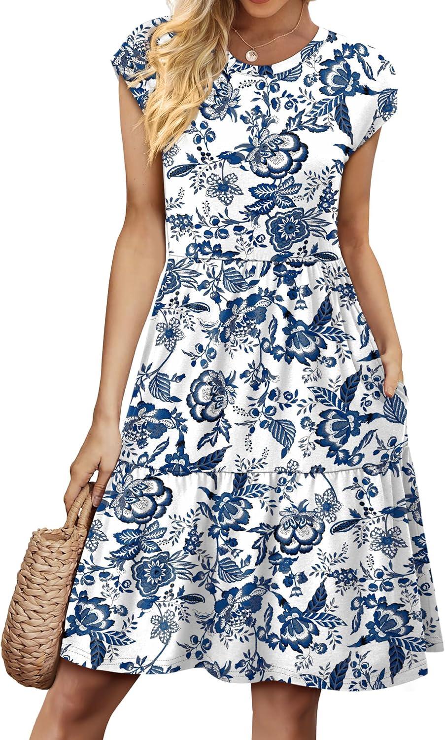image:imageWIHOLL Summer Dresses for Women 2026 Cap Sleeve Casual Sundresses Floral Tiered Swing Fashion Beach Vacation Dress01  Vintage Blue Floral