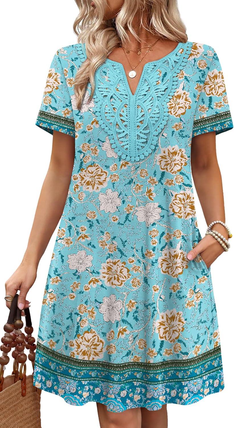 image:imageWIHOLL Summer Dresses for Women Casual Tshirt Boho Dress Wedding Guest Dresses Short Sleeve Fashion Beach Vacation ClothesBlue Vintage Floral