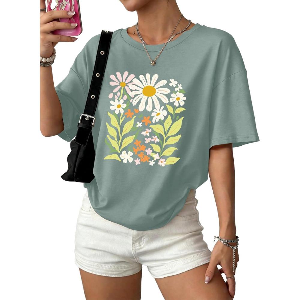image:imageWIHOLL Oversized Tshirts for Women Summer Crew Neck Short Sleeve Graphic Tees Casual Loose Fit Workout Tops 2026Colorful Flower Print